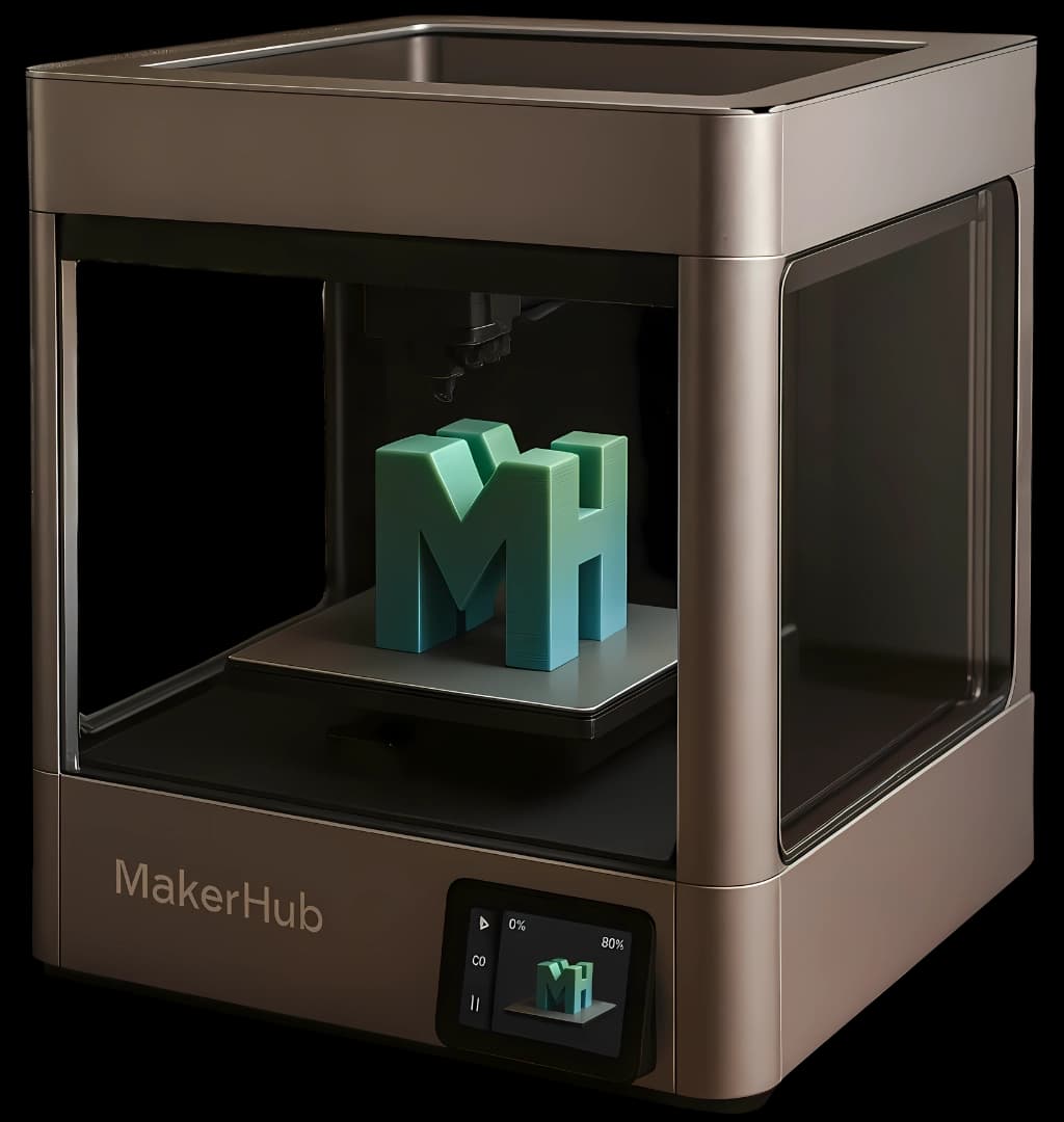 3D printer with MakerHub logo